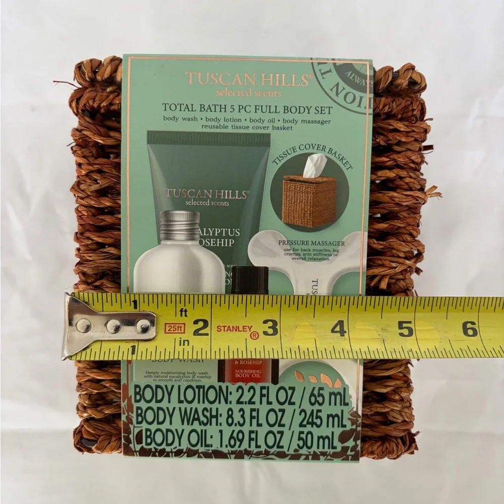 Tuscan Hills Body Care Wicker Basket 5Pc Eucalyptus & Rosehip - Lotion Wash Oil